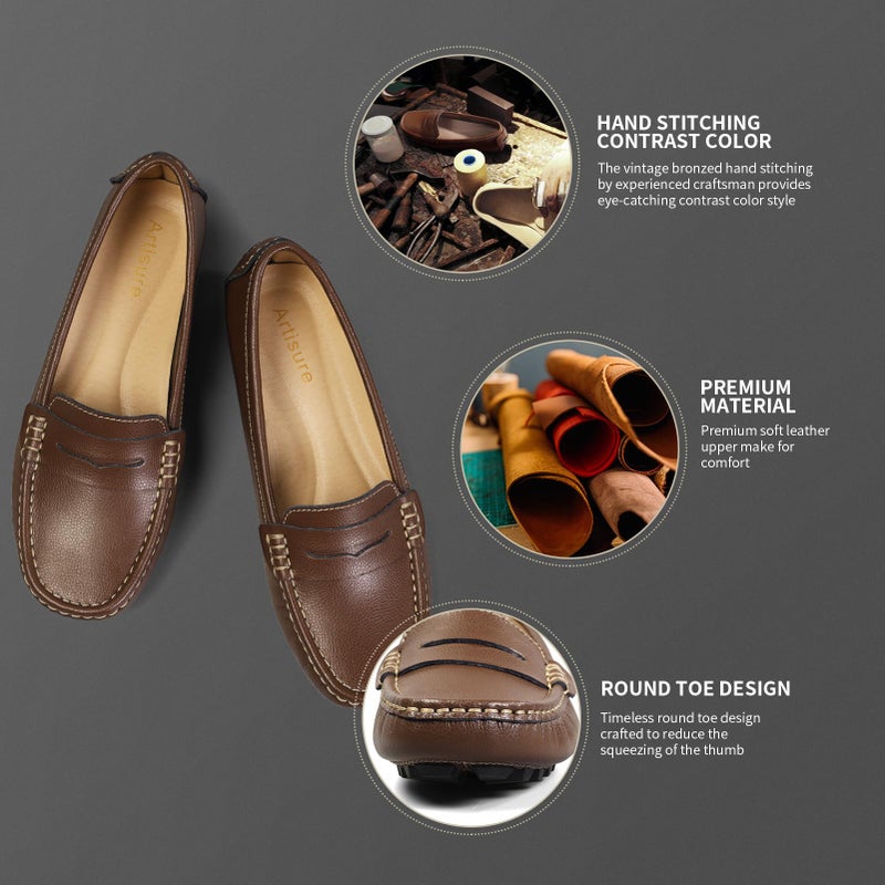 Artisure Women's Classic Handsewn Coffee Bean Genuine Leather Penny Loafers Driving Moccasins Casual Boat Shoes Slip On Fashion Office Comfort Flats 8 M US SKS-1221KF080 - Image 3